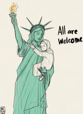 Statue of liberty holding an immigrant, text reads: all are welcome